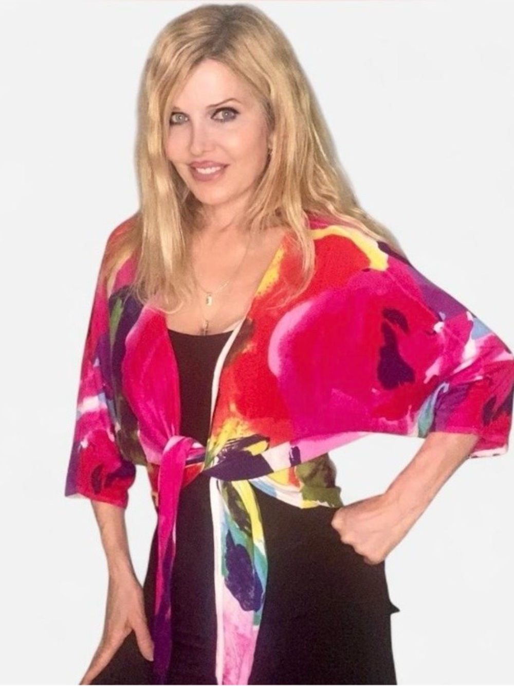 One7Six Bright Artistic Floral Cropped Angel Sleeve Tie Kimono Top XL